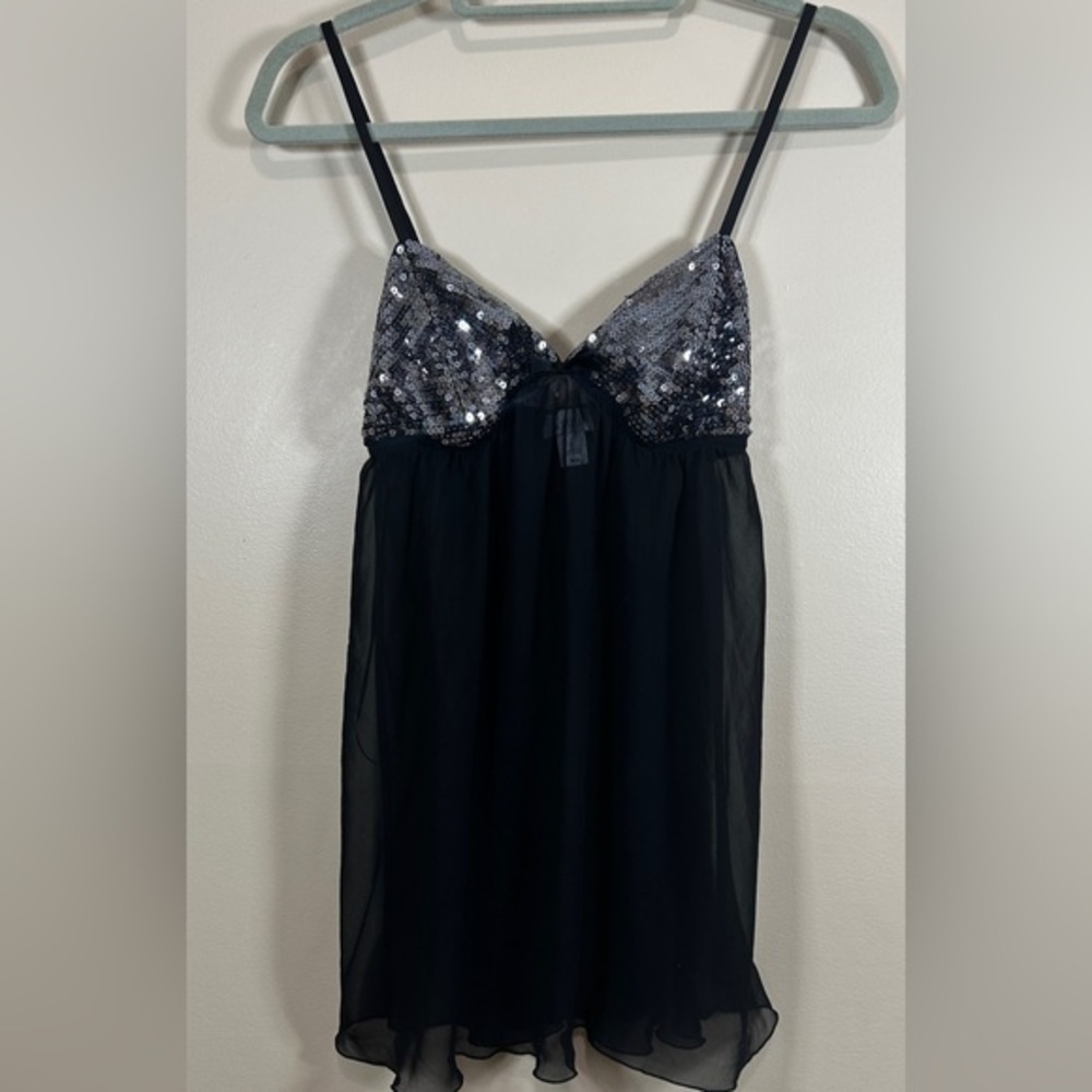 Y2K Vintage Slip Dress Medium Black Sheer Mesh Sequin Babydoll Chemise Lingerie